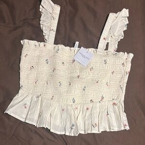 American Eagle Outfitters Ivory Floral Ruffle Crop Top